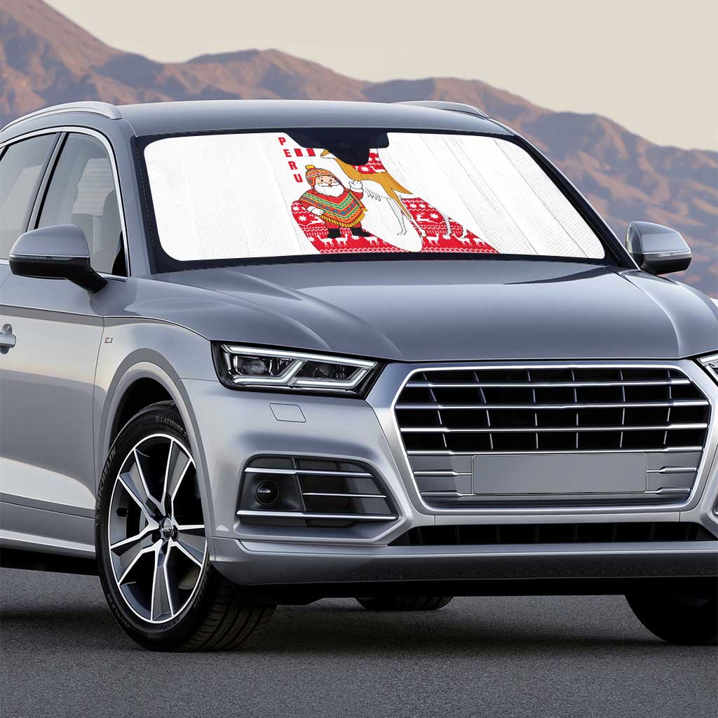 Peru Christmas Auto Sun Shade with Santa Claus Vicuña Andean Poncho and Red Festive Pattern Design - Wonder Print Shop