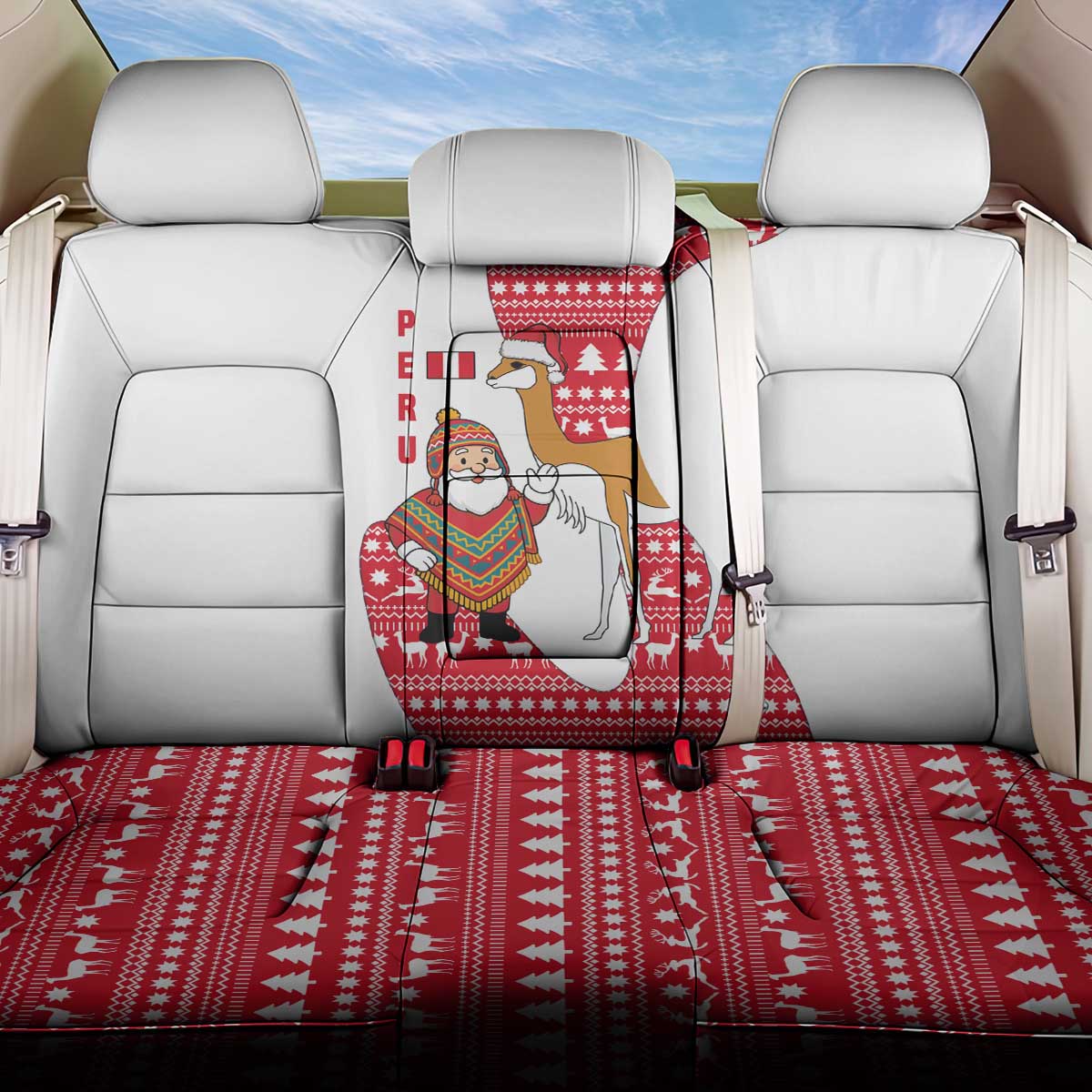 Peru Christmas Back Car Seat Cover with Santa Claus Vicuña Andean Poncho and Red Festive Pattern Design - Wonder Print Shop