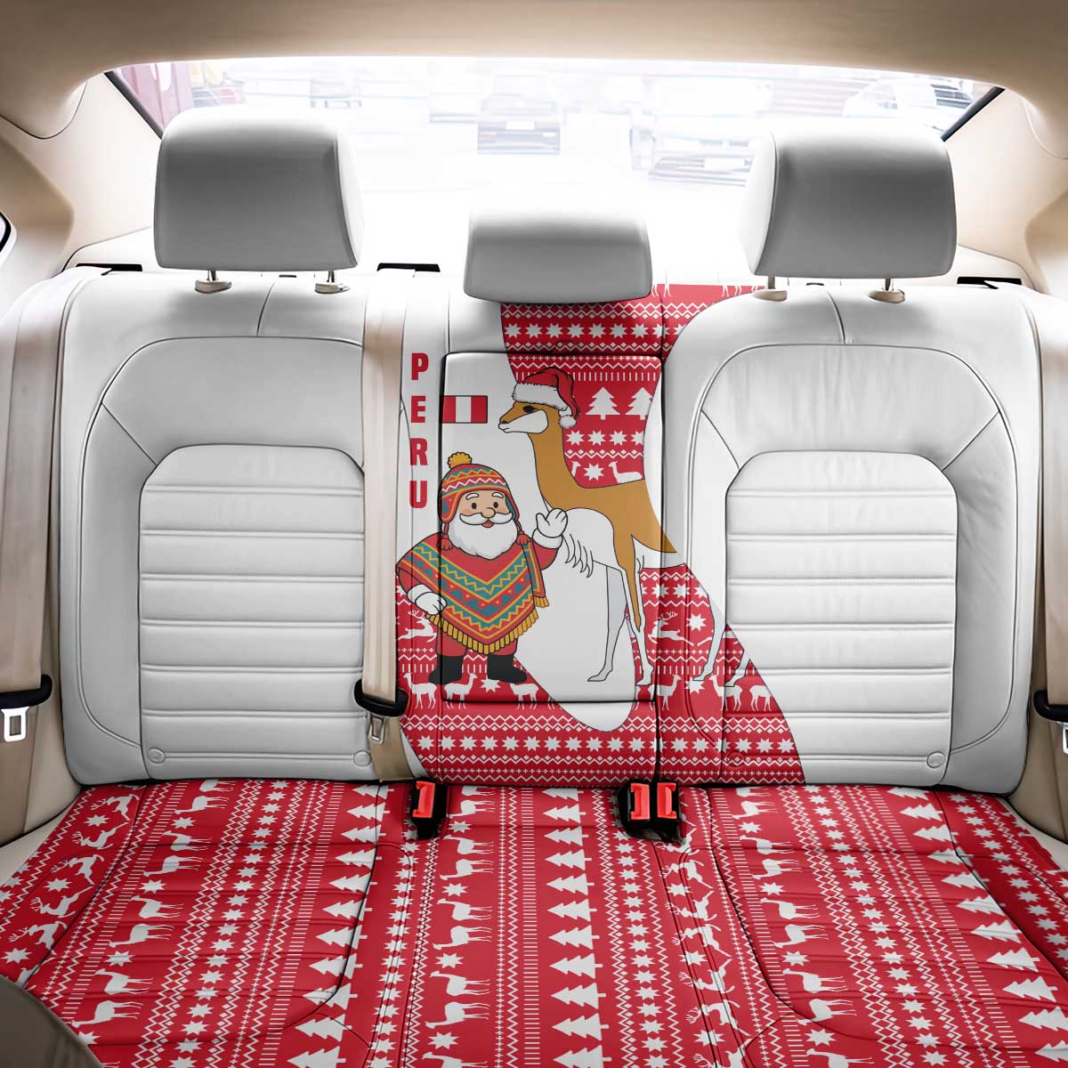 Peru Christmas Back Car Seat Cover with Santa Claus Vicuña Andean Poncho and Red Festive Pattern Design - Wonder Print Shop