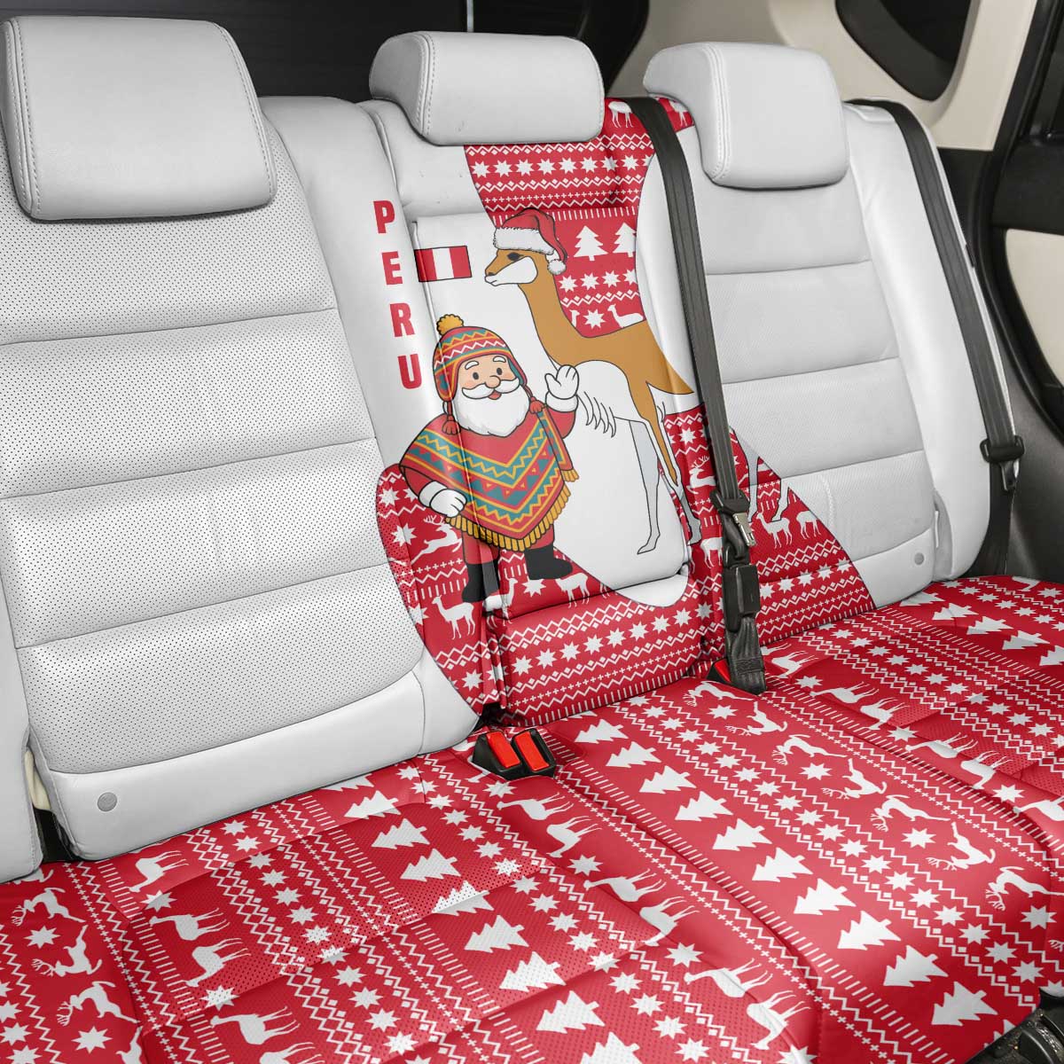 Peru Christmas Back Car Seat Cover with Santa Claus Vicuña Andean Poncho and Red Festive Pattern Design - Wonder Print Shop