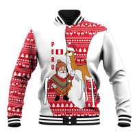 Peru Christmas Baseball Jacket with Santa Claus Vicuña Andean Poncho and Red Festive Pattern Design - Wonder Print Shop