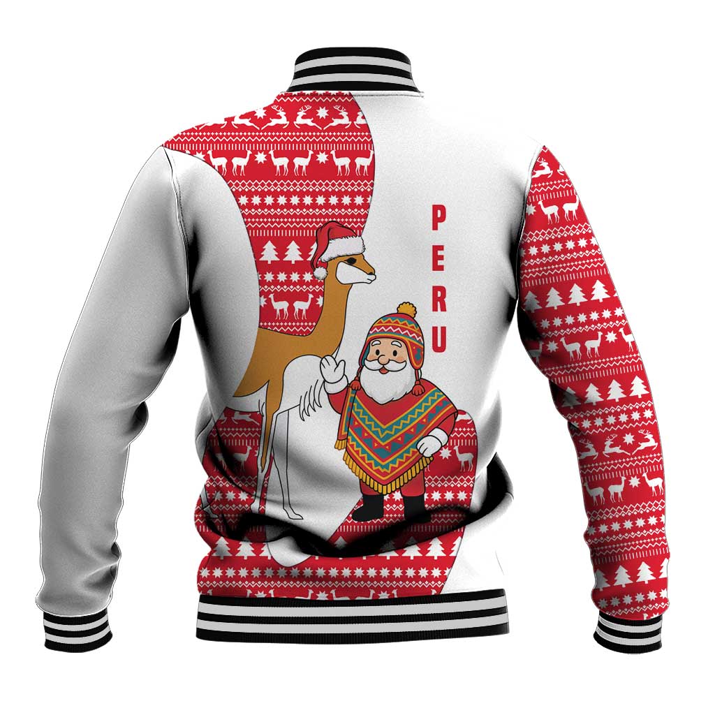 Peru Christmas Baseball Jacket with Santa Claus Vicuña Andean Poncho and Red Festive Pattern Design - Wonder Print Shop