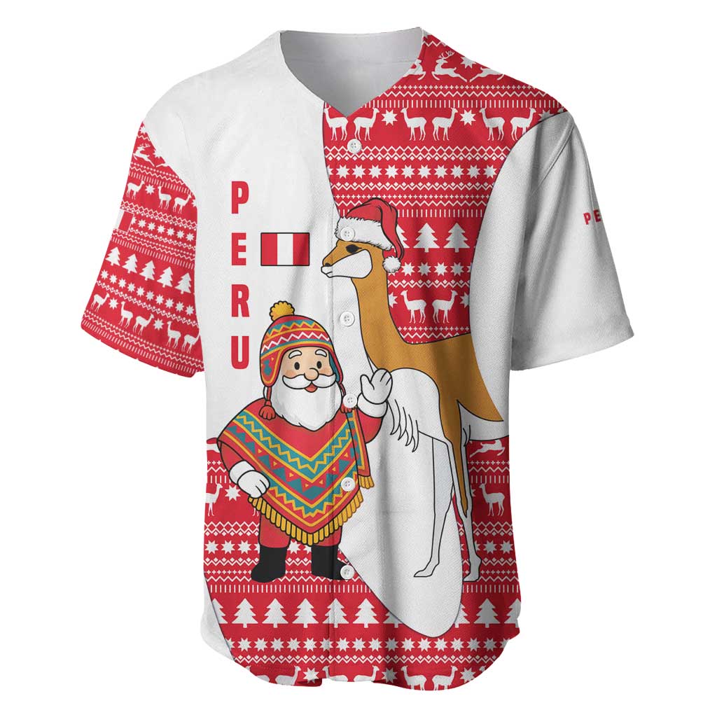 Peru Christmas Baseball Jersey with Santa Claus Vicuña Andean Poncho and Red Festive Pattern Design - Wonder Print Shop
