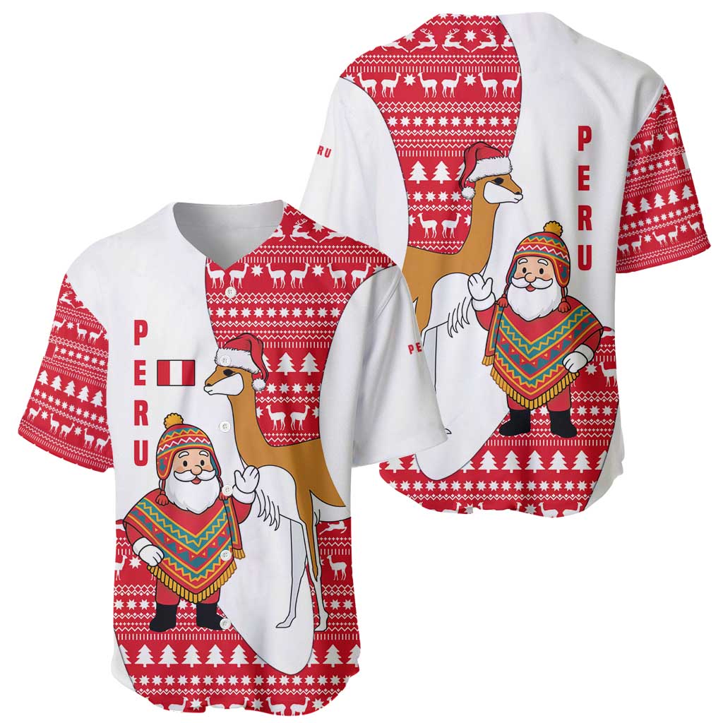 Peru Christmas Baseball Jersey with Santa Claus Vicuña Andean Poncho and Red Festive Pattern Design - Wonder Print Shop