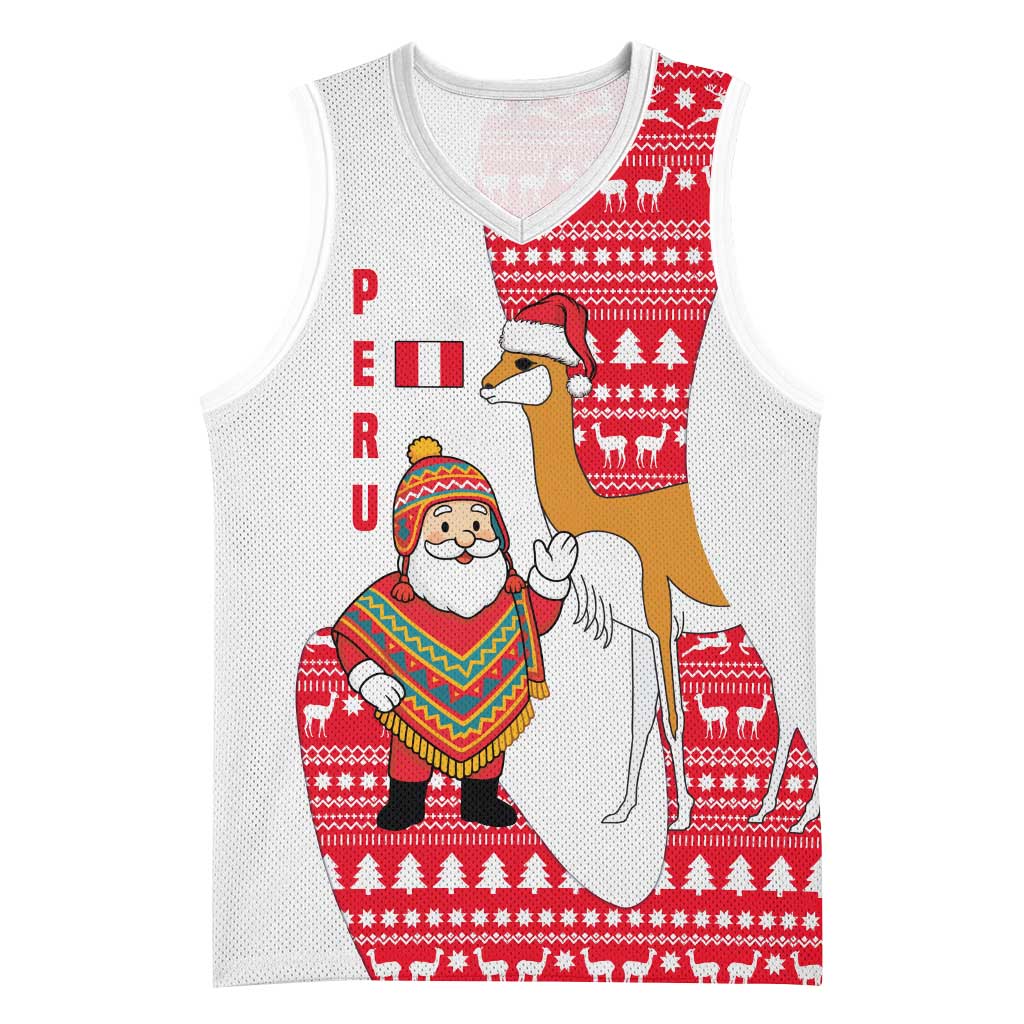 Peru Christmas Basketball Jersey with Santa Claus Vicuña Andean Poncho and Red Festive Pattern Design - Wonder Print Shop