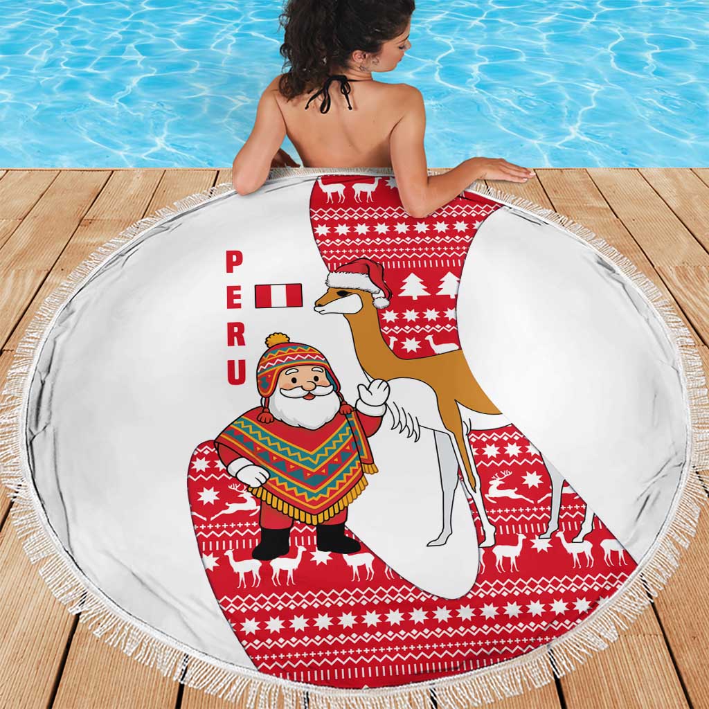 Peru Christmas Beach Blanket with Santa Claus Vicuña Andean Poncho and Red Festive Pattern Design - Wonder Print Shop