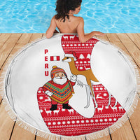 Peru Christmas Beach Blanket with Santa Claus Vicuña Andean Poncho and Red Festive Pattern Design - Wonder Print Shop