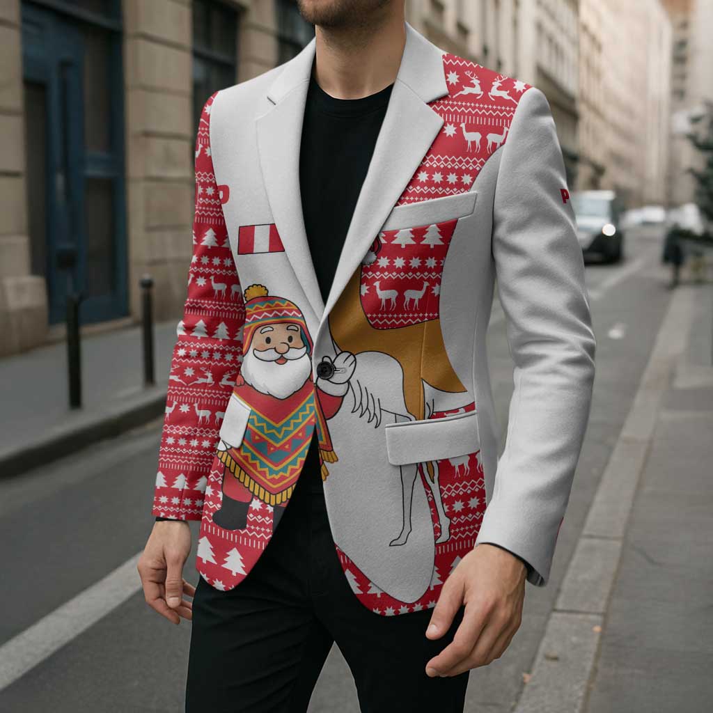 Peru Christmas Blazer with Santa Claus Vicuña Andean Poncho and Red Festive Pattern Design - Wonder Print Shop