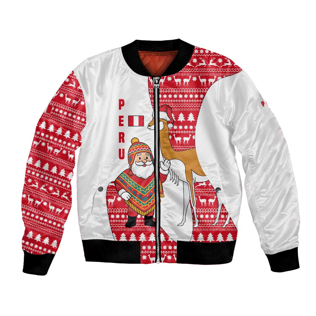 Peru Christmas Bomber Jacket with Santa Claus Vicuña Andean Poncho and Red Festive Pattern Design - Wonder Print Shop
