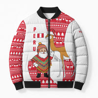 Peru Christmas Bomber Puffer Jacket with Santa Claus Vicuña Andean Poncho and Red Festive Pattern Design - Wonder Print Shop