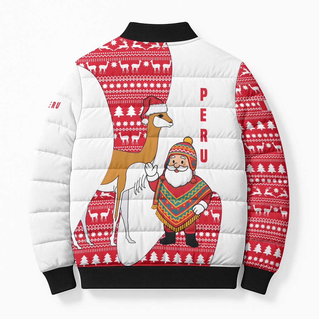 Peru Christmas Bomber Puffer Jacket with Santa Claus Vicuña Andean Poncho and Red Festive Pattern Design - Wonder Print Shop
