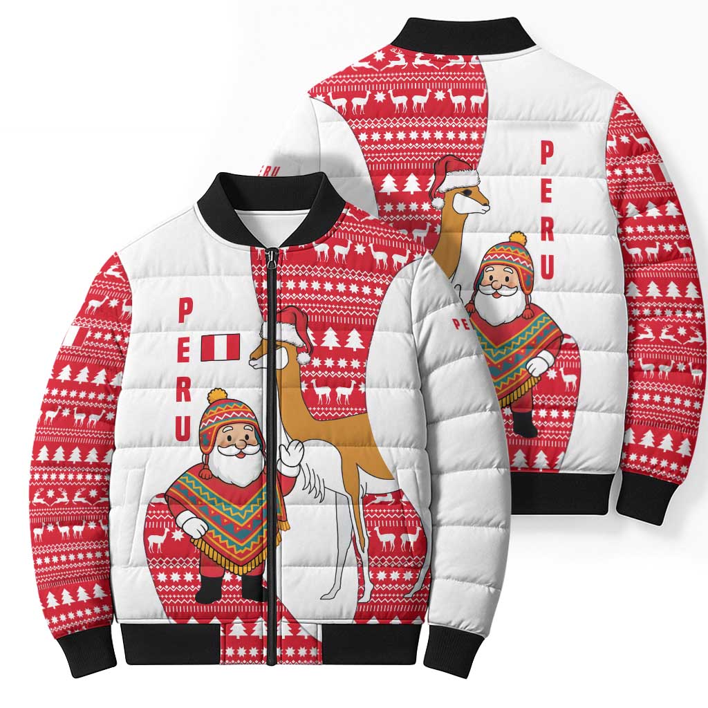 Peru Christmas Bomber Puffer Jacket with Santa Claus Vicuña Andean Poncho and Red Festive Pattern Design - Wonder Print Shop