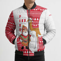 Peru Christmas Bomber Puffer Jacket with Santa Claus Vicuña Andean Poncho and Red Festive Pattern Design - Wonder Print Shop