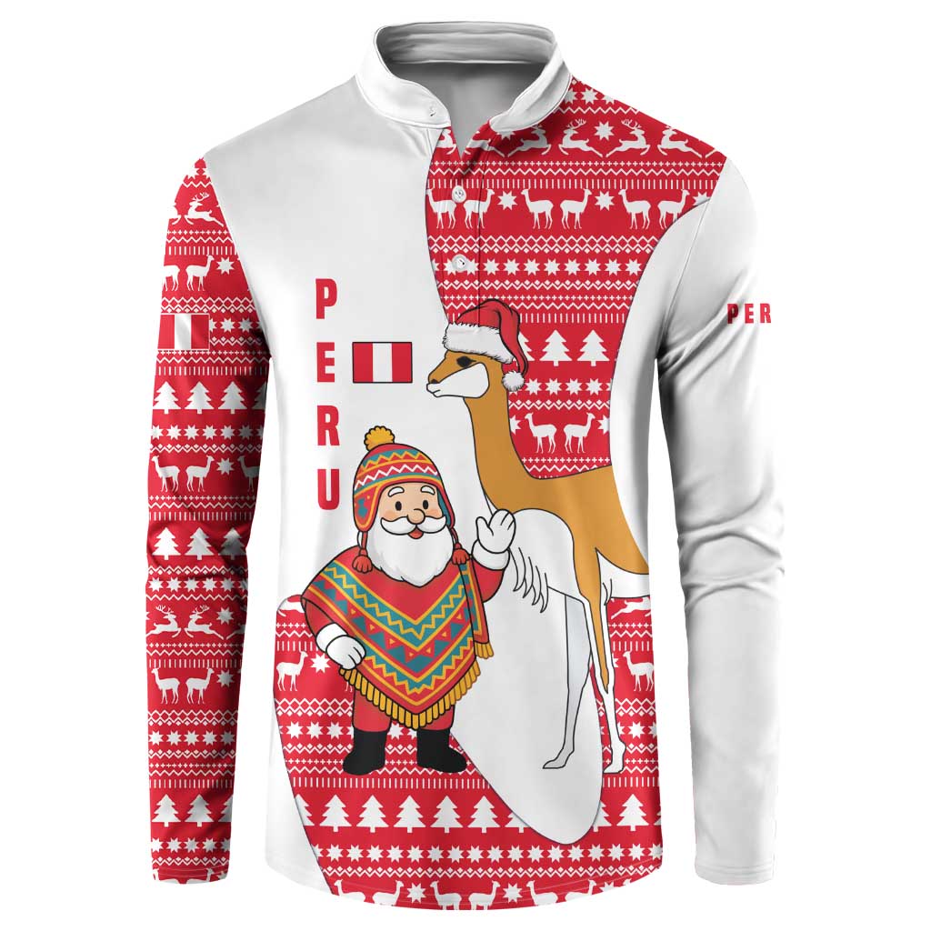Peru Christmas Button Sweatshirt with Santa Claus Vicuña Andean Poncho and Red Festive Pattern Design - Wonder Print Shop