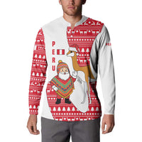 Peru Christmas Button Sweatshirt with Santa Claus Vicuña Andean Poncho and Red Festive Pattern Design - Wonder Print Shop