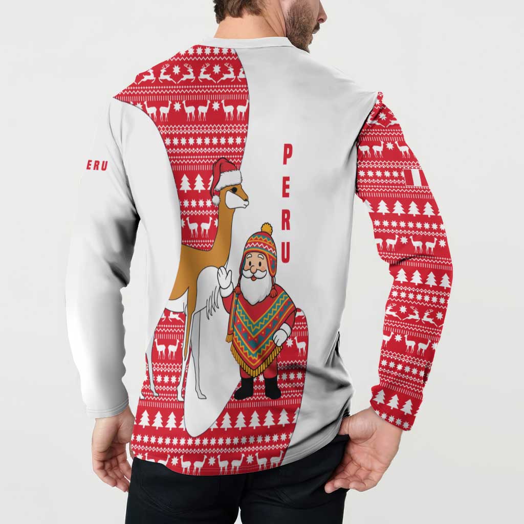 Peru Christmas Button Sweatshirt with Santa Claus Vicuña Andean Poncho and Red Festive Pattern Design - Wonder Print Shop