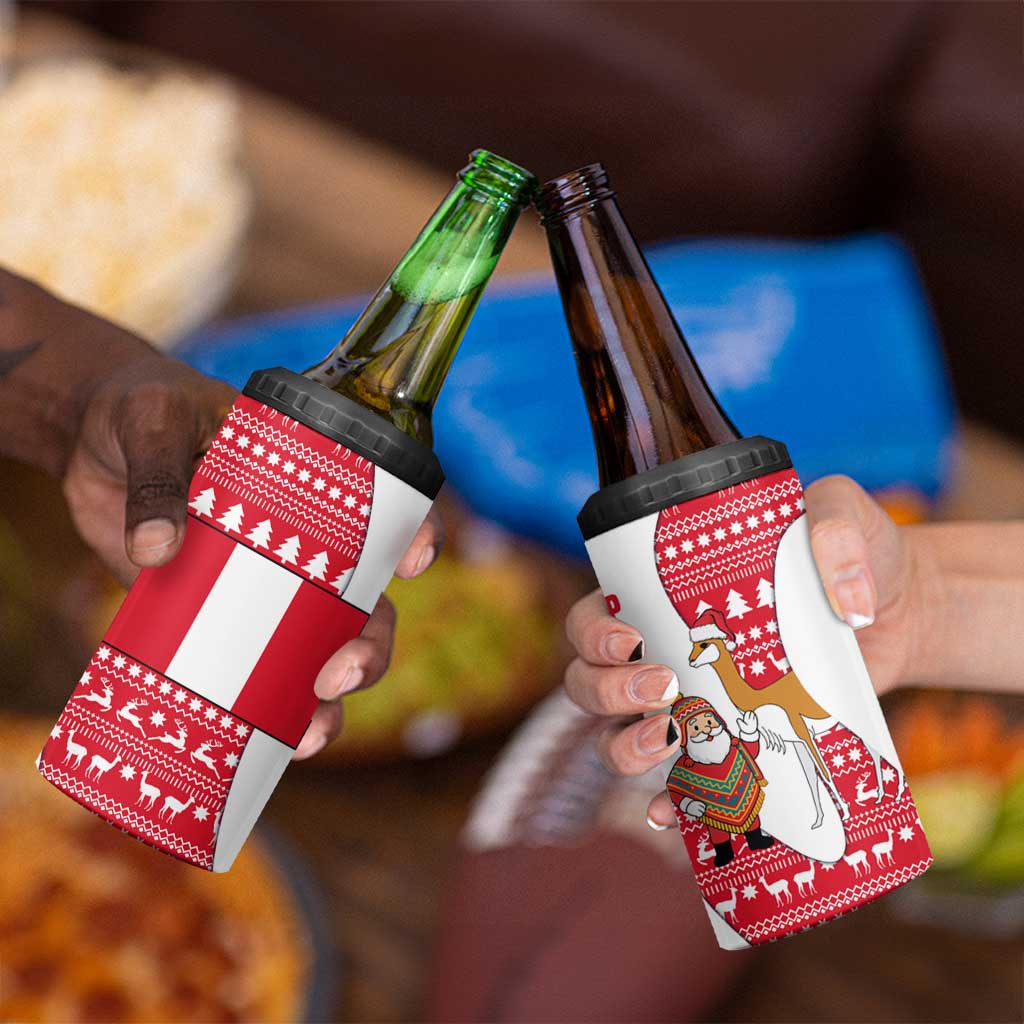 Peru Christmas 4 in 1 Can Cooler Tumbler with Santa Claus Vicuña Andean Poncho and Red Festive Pattern Design - Wonder Print Shop