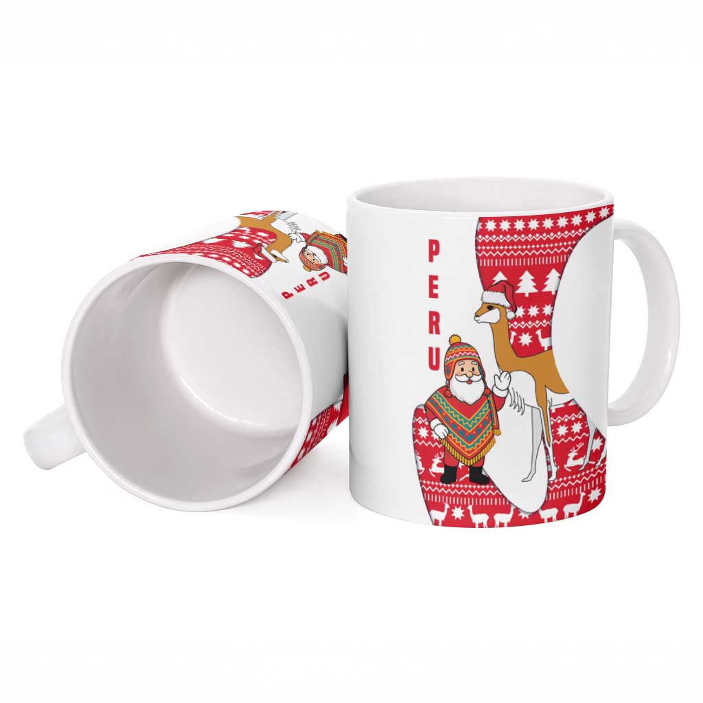 Peru Christmas Ceramic Mug with Santa Claus Vicuña Andean Poncho and Red Festive Pattern Design - Wonder Print Shop