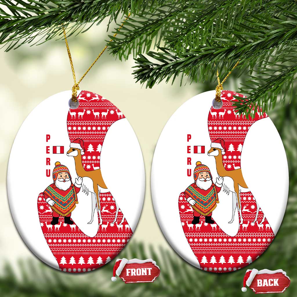 Peru Christmas Ceramic Ornament with Santa Claus Vicuña Andean Poncho and Red Festive Pattern Design - Wonder Print Shop