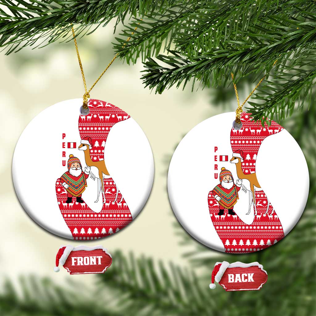 Peru Christmas Ceramic Ornament with Santa Claus Vicuña Andean Poncho and Red Festive Pattern Design - Wonder Print Shop