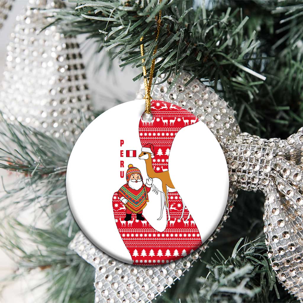 Peru Christmas Ceramic Ornament with Santa Claus Vicuña Andean Poncho and Red Festive Pattern Design - Wonder Print Shop