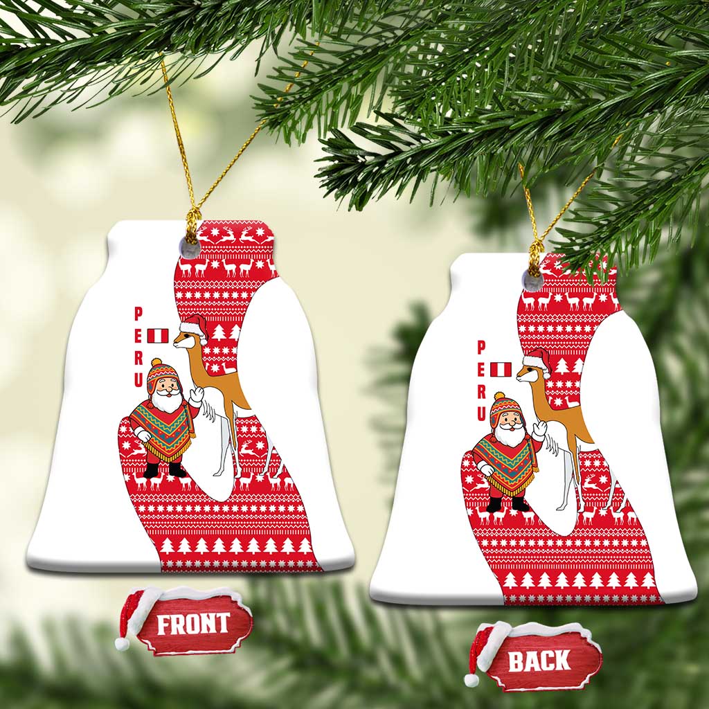 Peru Christmas Ceramic Ornament with Santa Claus Vicuña Andean Poncho and Red Festive Pattern Design - Wonder Print Shop