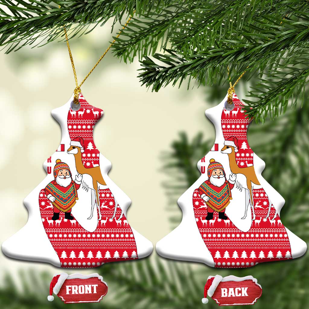 Peru Christmas Ceramic Ornament with Santa Claus Vicuña Andean Poncho and Red Festive Pattern Design - Wonder Print Shop