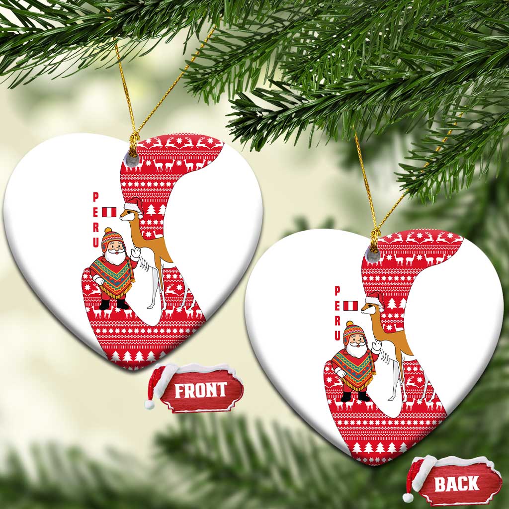 Peru Christmas Ceramic Ornament with Santa Claus Vicuña Andean Poncho and Red Festive Pattern Design - Wonder Print Shop
