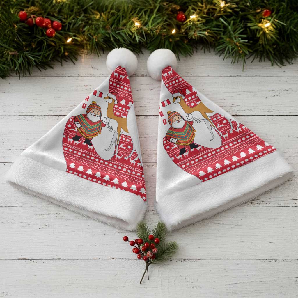 Peru Christmas Santa Hat with Santa Claus Vicuña Andean Poncho and Red Festive Pattern Design - Wonder Print Shop