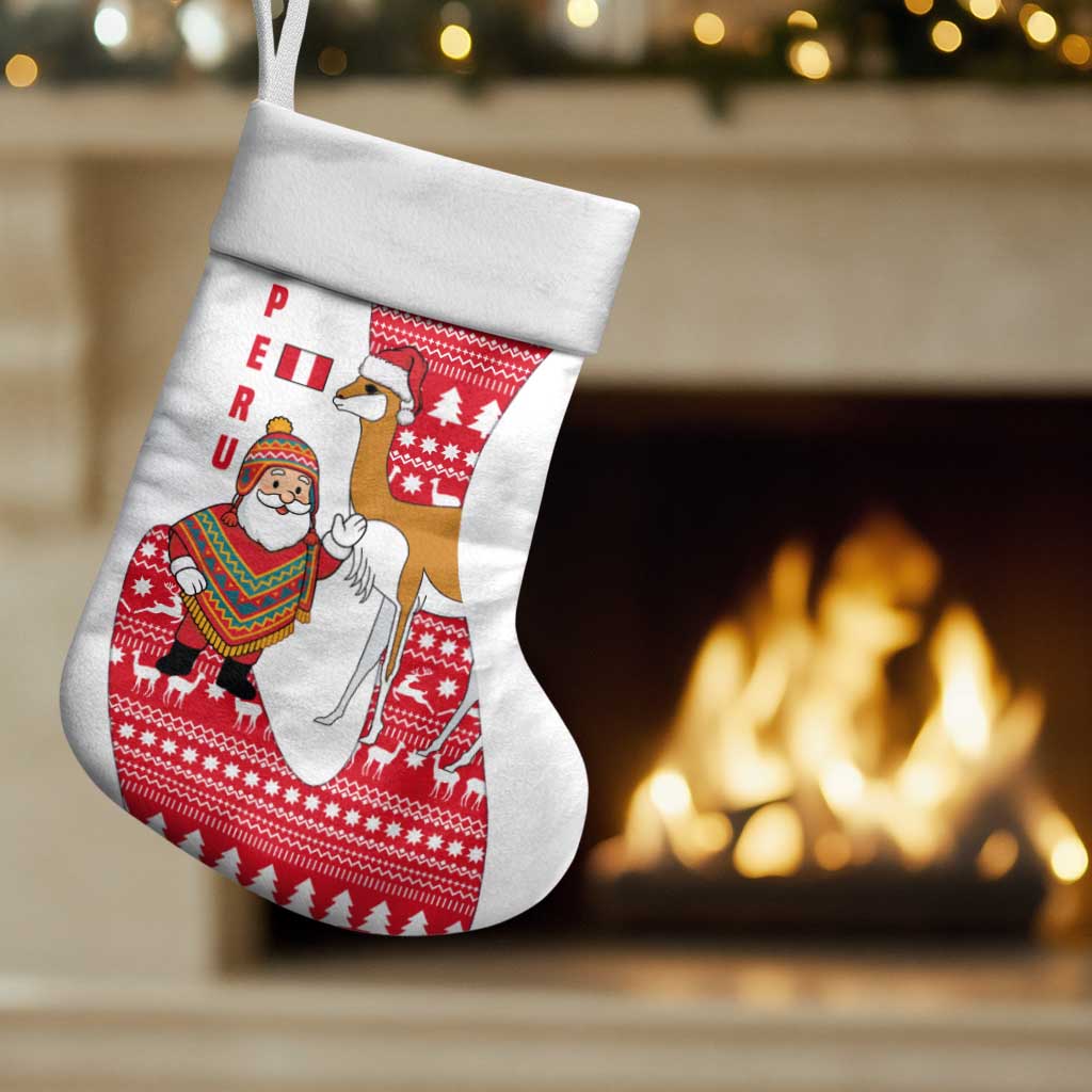Peru Christmas Stocking with Santa Claus Vicuña Andean Poncho and Red Festive Pattern Design - Wonder Print Shop