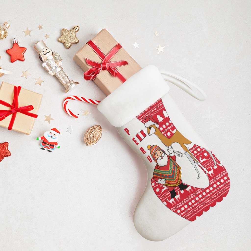 Peru Christmas Stocking with Santa Claus Vicuña Andean Poncho and Red Festive Pattern Design - Wonder Print Shop