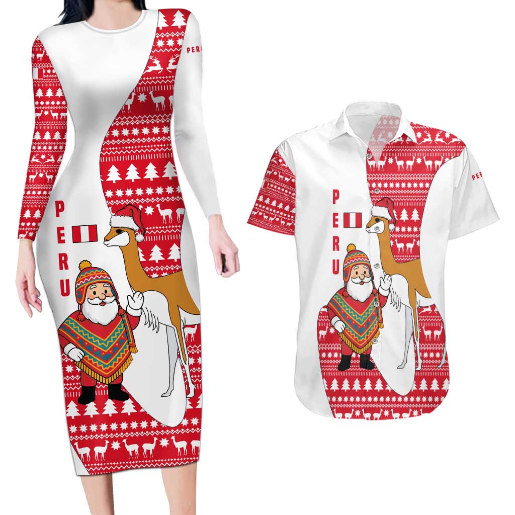 Peru Christmas Couples Matching Long Sleeve Bodycon Dress and Hawaiian Shirt with Santa Claus Vicuña Andean Poncho and Red Festive Pattern Design - Wonder Print Shop