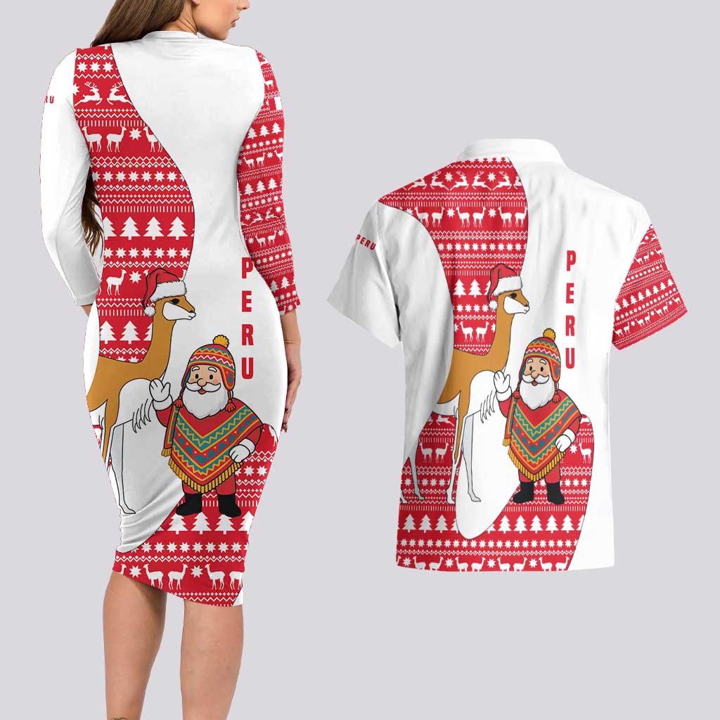 Peru Christmas Couples Matching Long Sleeve Bodycon Dress and Hawaiian Shirt with Santa Claus Vicuña Andean Poncho and Red Festive Pattern Design - Wonder Print Shop
