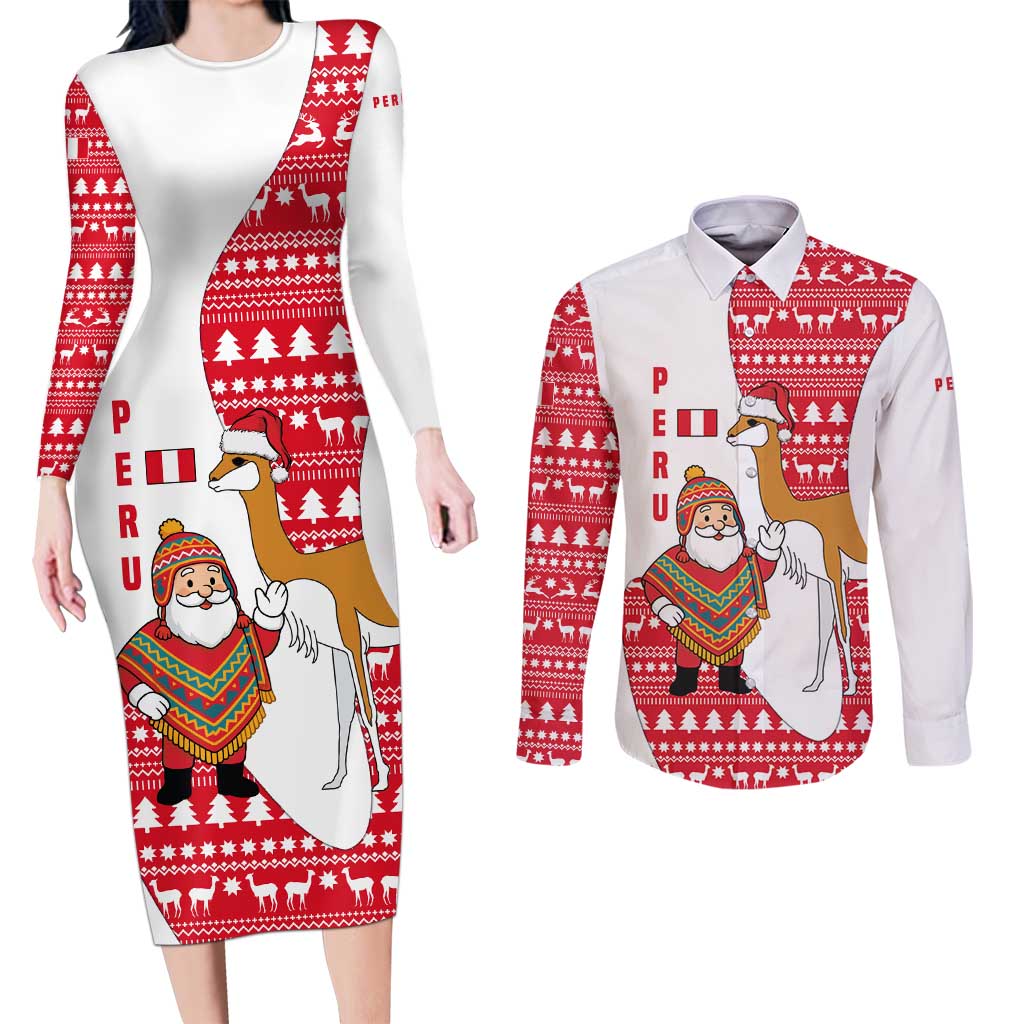 Peru Christmas Couples Matching Long Sleeve Bodycon Dress and Long Sleeve Button Shirt with Santa Claus Vicuña Andean Poncho and Red Festive Pattern Design - Wonder Print Shop