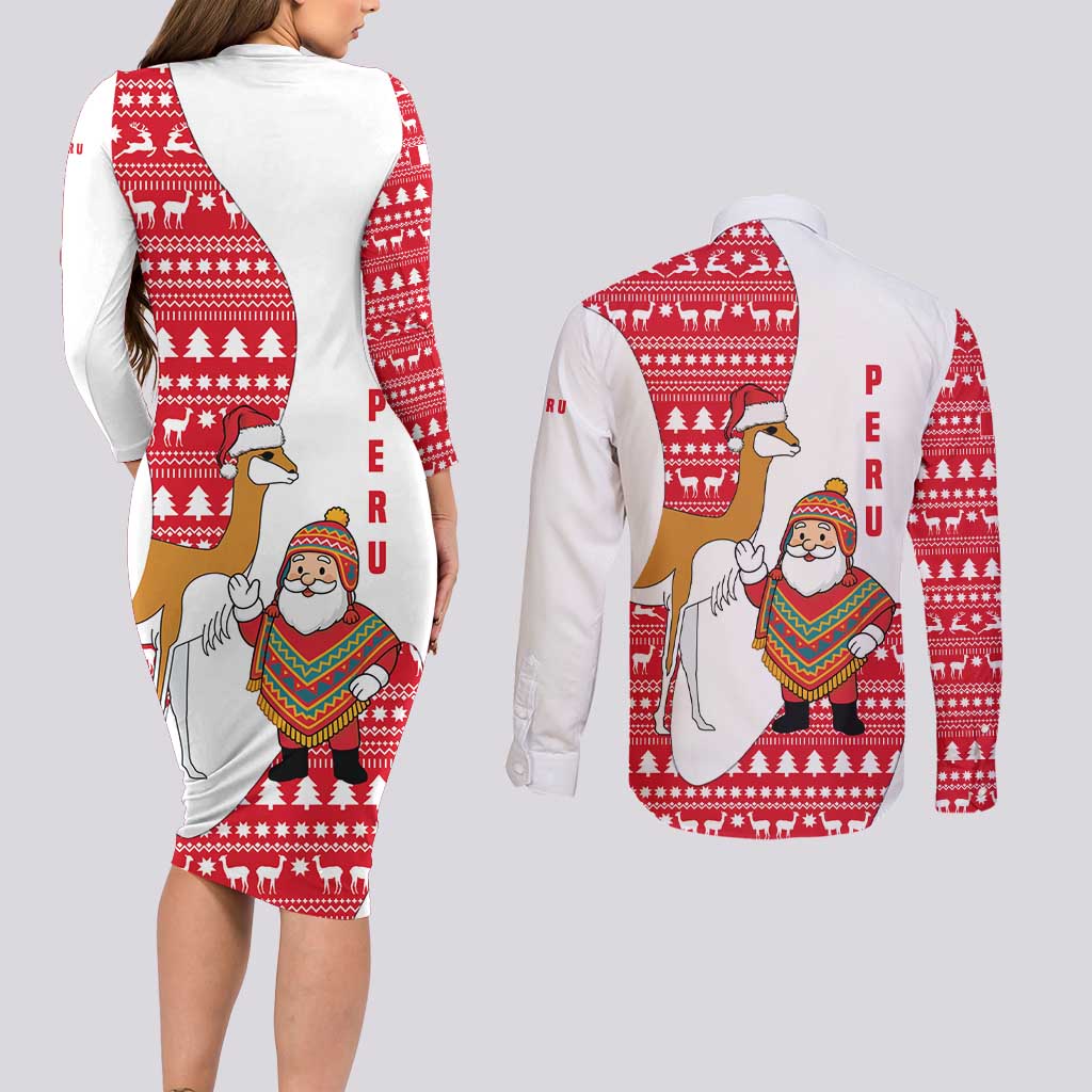 Peru Christmas Couples Matching Long Sleeve Bodycon Dress and Long Sleeve Button Shirt with Santa Claus Vicuña Andean Poncho and Red Festive Pattern Design - Wonder Print Shop