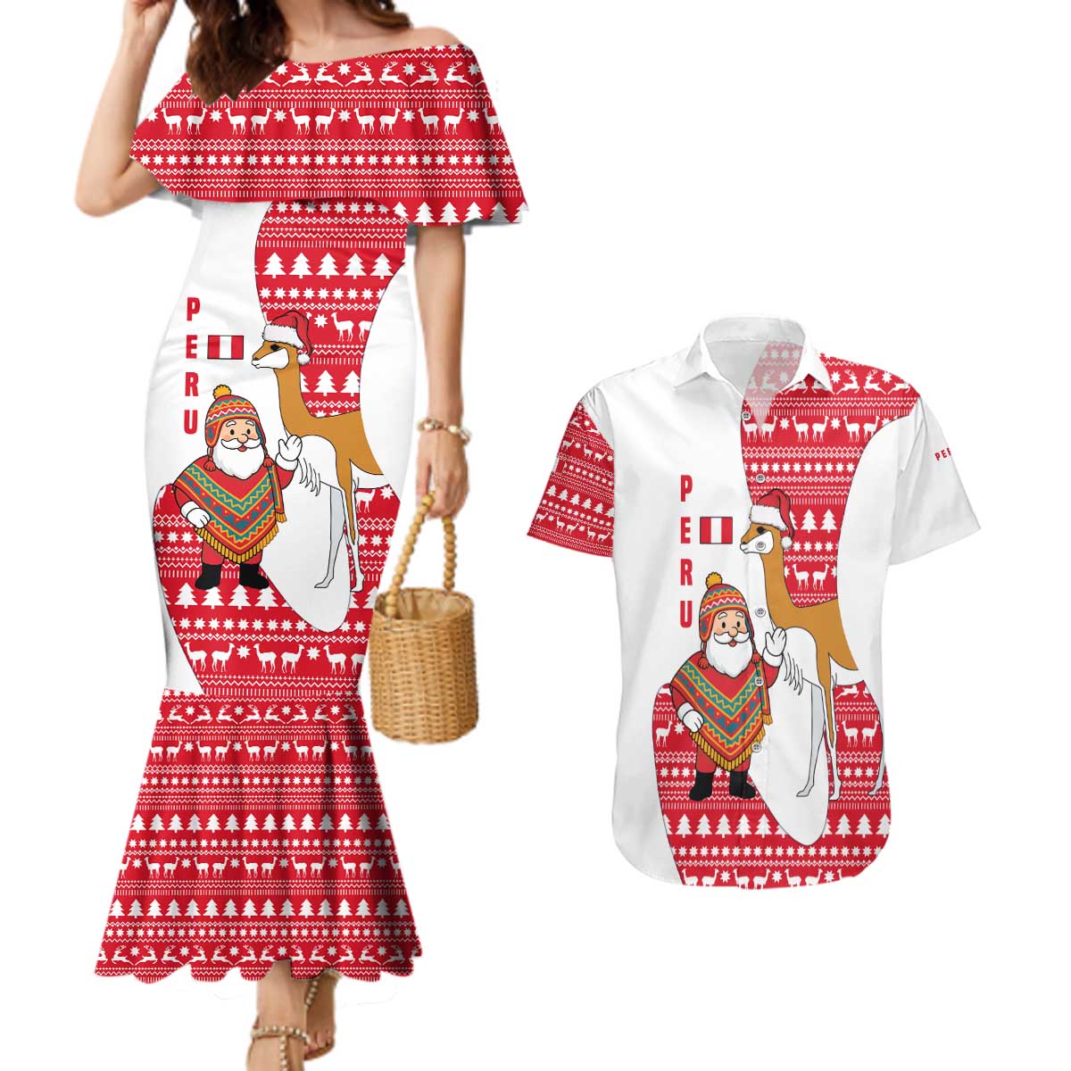Peru Christmas Couples Matching Mermaid Dress and Hawaiian Shirt with Santa Claus Vicuña Andean Poncho and Red Festive Pattern Design - Wonder Print Shop