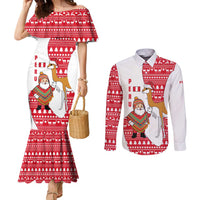 Peru Christmas Couples Matching Mermaid Dress and Long Sleeve Button Shirt with Santa Claus Vicuña Andean Poncho and Red Festive Pattern Design - Wonder Print Shop