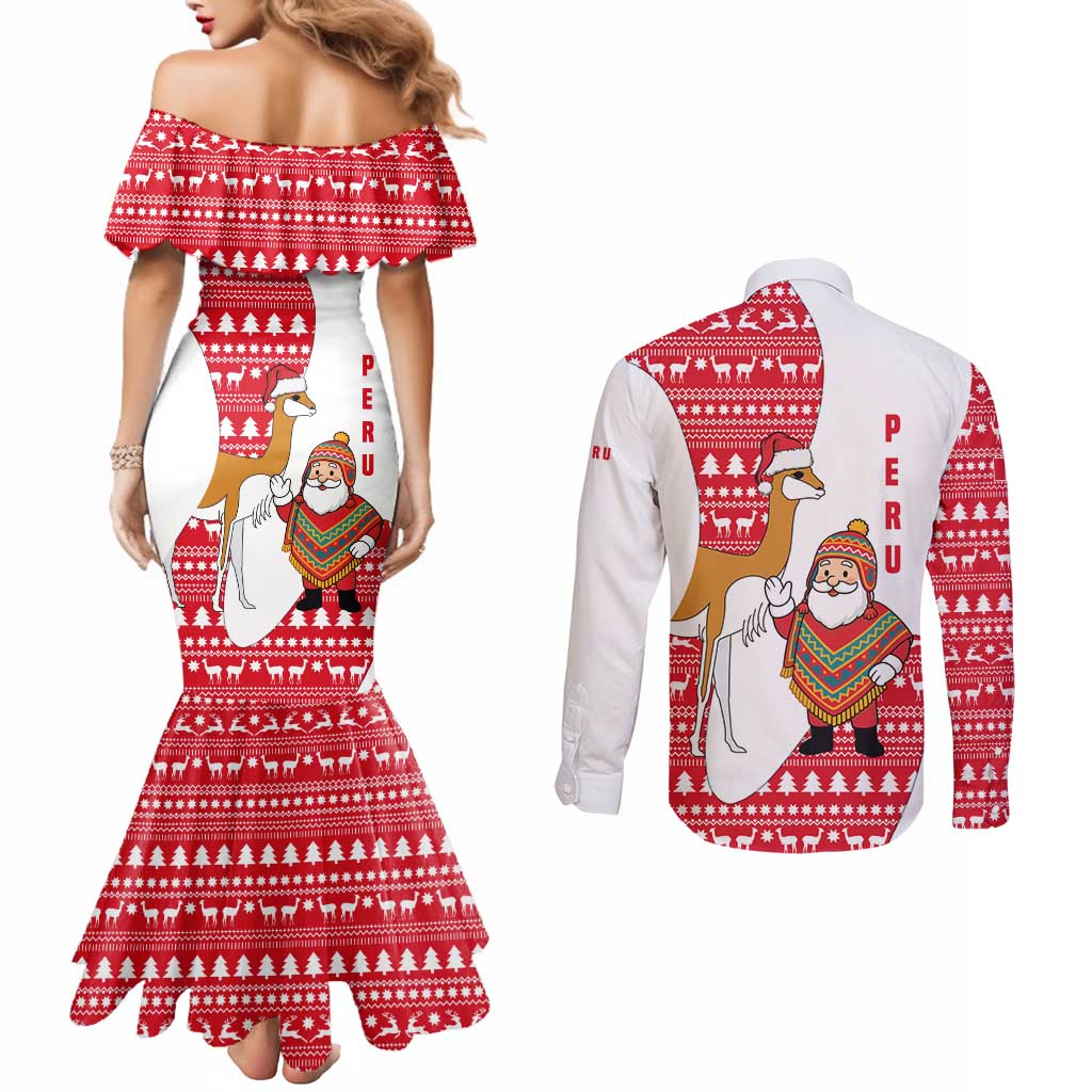 Peru Christmas Couples Matching Mermaid Dress and Long Sleeve Button Shirt with Santa Claus Vicuña Andean Poncho and Red Festive Pattern Design - Wonder Print Shop