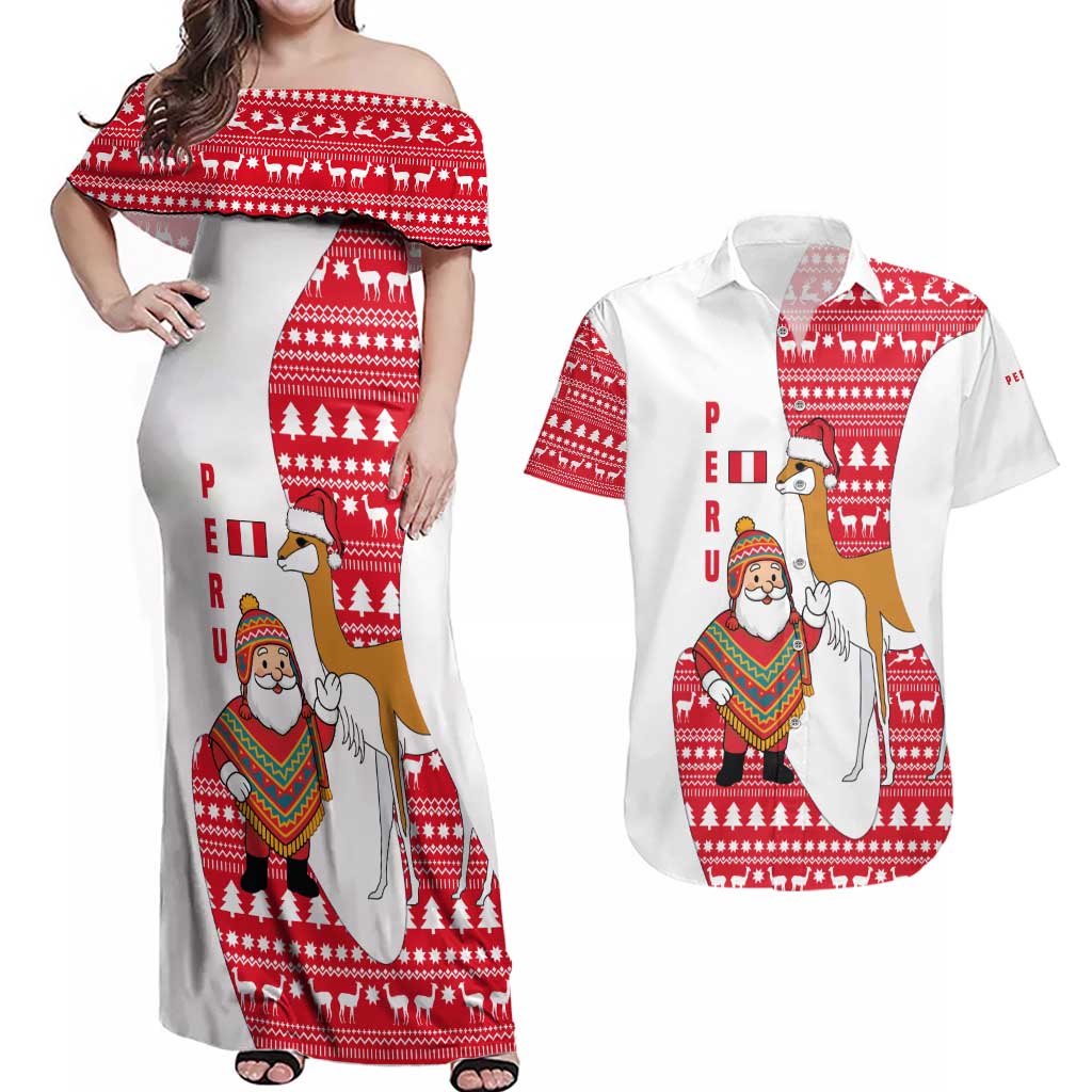 Peru Christmas Couples Matching Off Shoulder Maxi Dress and Hawaiian Shirt with Santa Claus Vicuña Andean Poncho and Red Festive Pattern Design - Wonder Print Shop
