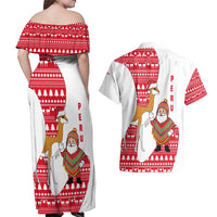 Peru Christmas Couples Matching Off Shoulder Maxi Dress and Hawaiian Shirt with Santa Claus Vicuña Andean Poncho and Red Festive Pattern Design - Wonder Print Shop