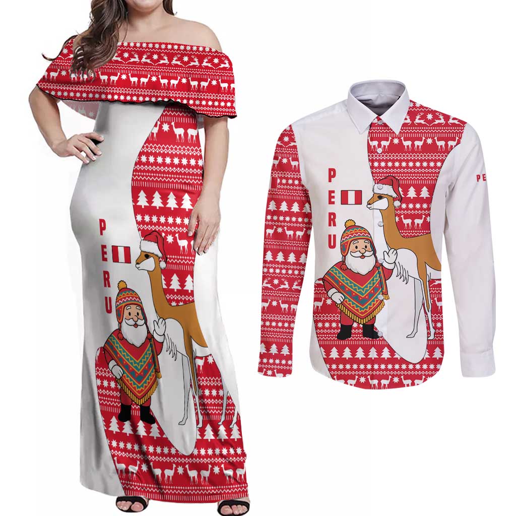 Peru Christmas Couples Matching Off Shoulder Maxi Dress and Long Sleeve Button Shirt with Santa Claus Vicuña Andean Poncho and Red Festive Pattern Design - Wonder Print Shop