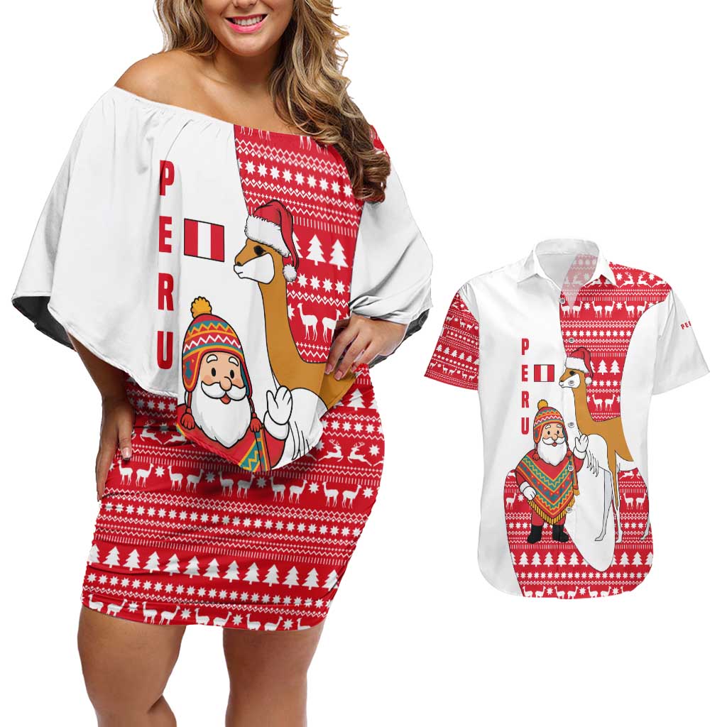 Peru Christmas Couples Matching Off Shoulder Short Dress and Hawaiian Shirt with Santa Claus Vicuña Andean Poncho and Red Festive Pattern Design - Wonder Print Shop
