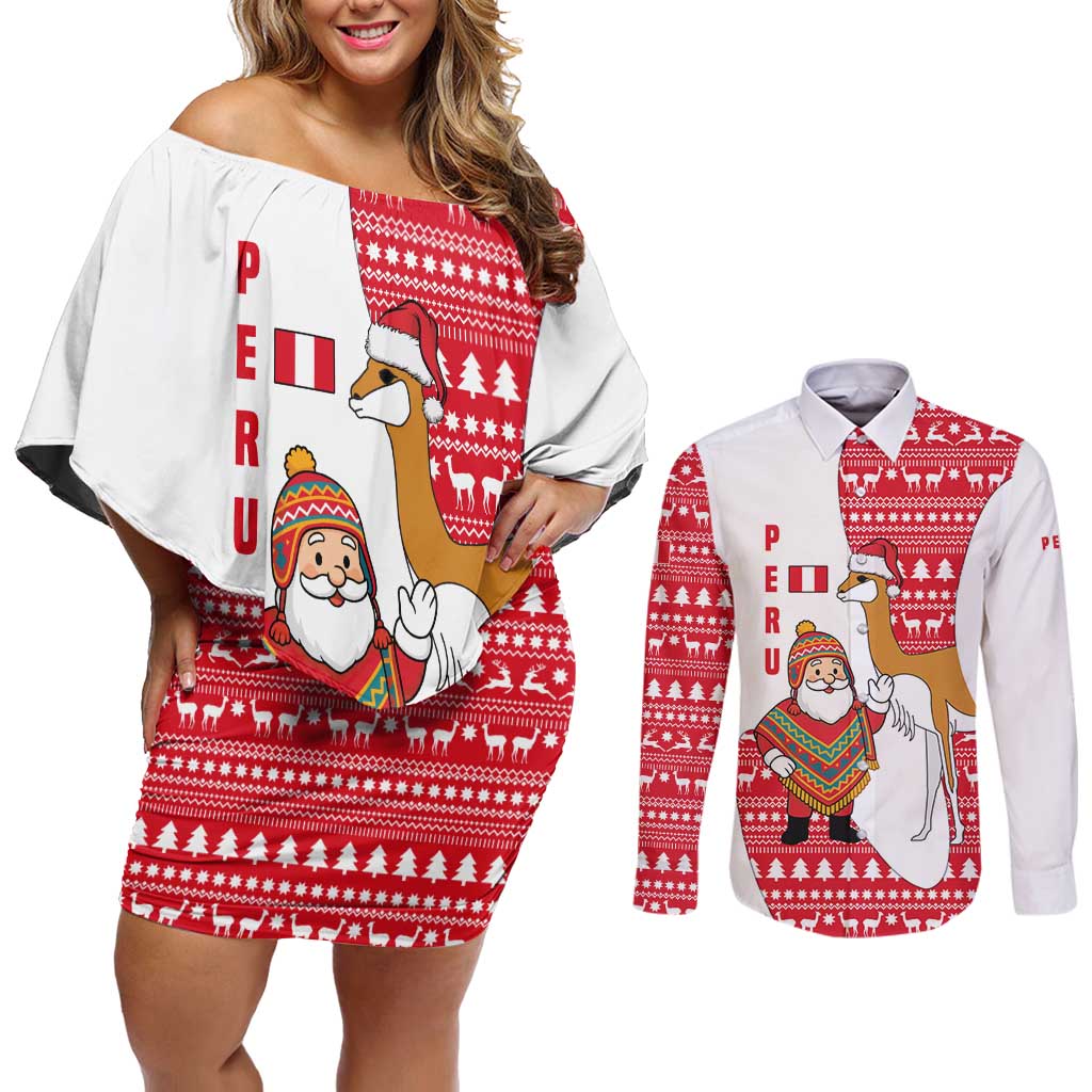 Peru Christmas Couples Matching Off Shoulder Short Dress and Long Sleeve Button Shirt with Santa Claus Vicuña Andean Poncho and Red Festive Pattern Design - Wonder Print Shop