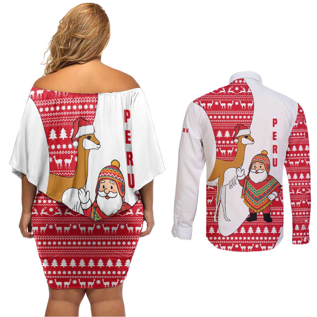 Peru Christmas Couples Matching Off Shoulder Short Dress and Long Sleeve Button Shirt with Santa Claus Vicuña Andean Poncho and Red Festive Pattern Design - Wonder Print Shop