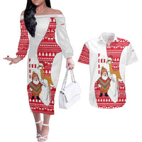 Peru Christmas Couples Matching Off The Shoulder Long Sleeve Dress and Hawaiian Shirt with Santa Claus Vicuña Andean Poncho and Red Festive Pattern Design - Wonder Print Shop