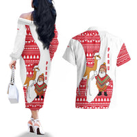 Peru Christmas Couples Matching Off The Shoulder Long Sleeve Dress and Hawaiian Shirt with Santa Claus Vicuña Andean Poncho and Red Festive Pattern Design - Wonder Print Shop
