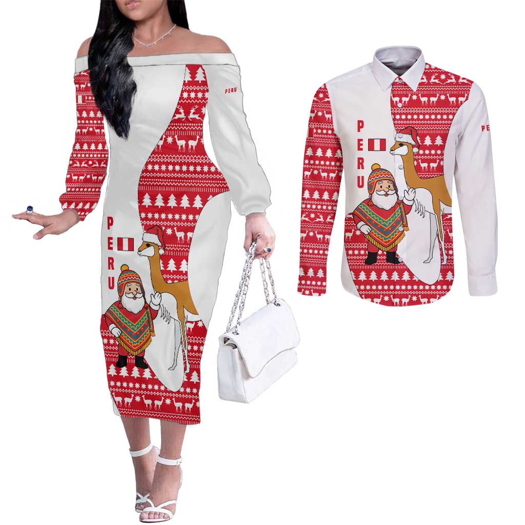 Peru Christmas Couples Matching Off The Shoulder Long Sleeve Dress and Long Sleeve Button Shirt with Santa Claus Vicuña Andean Poncho and Red Festive Pattern Design - Wonder Print Shop