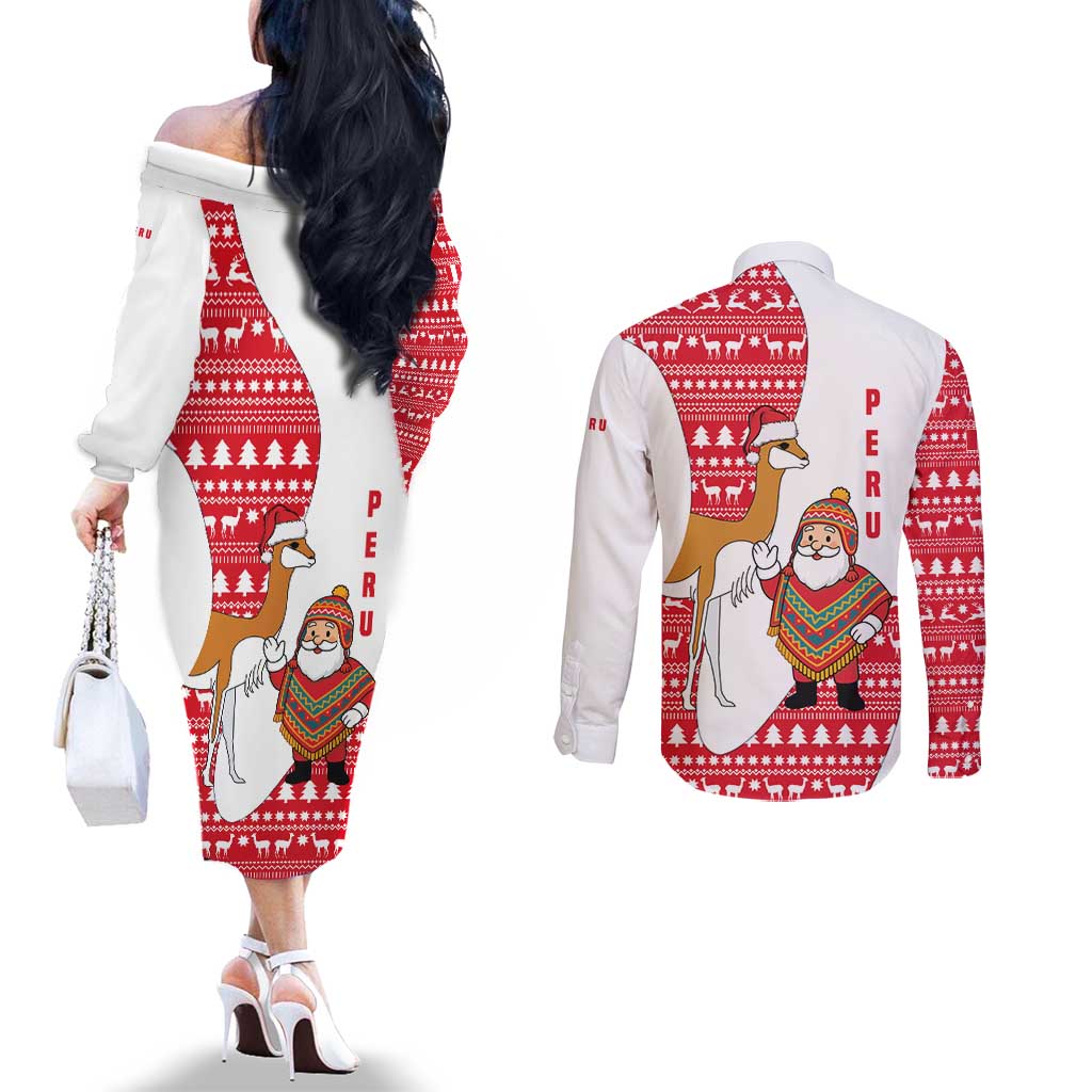 Peru Christmas Couples Matching Off The Shoulder Long Sleeve Dress and Long Sleeve Button Shirt with Santa Claus Vicuña Andean Poncho and Red Festive Pattern Design - Wonder Print Shop