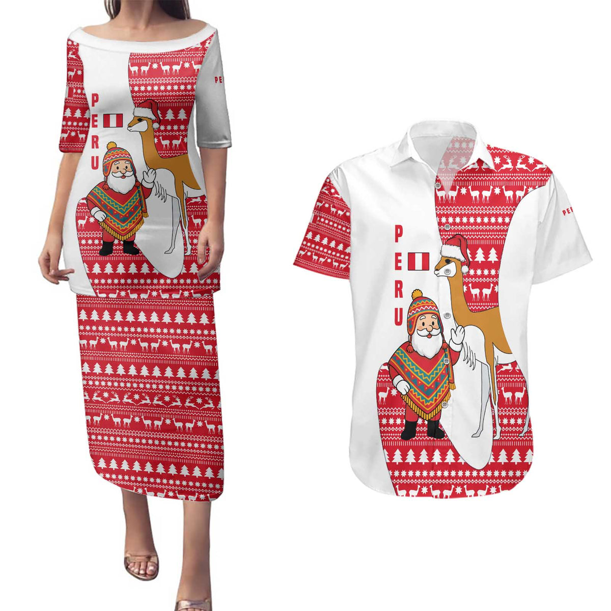Peru Christmas Couples Matching Puletasi and Hawaiian Shirt with Santa Claus Vicuña Andean Poncho and Red Festive Pattern Design - Wonder Print Shop