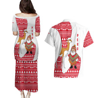 Peru Christmas Couples Matching Puletasi and Hawaiian Shirt with Santa Claus Vicuña Andean Poncho and Red Festive Pattern Design - Wonder Print Shop